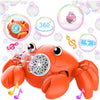 An orange crab bubble blower toy featuring lights and music notes.