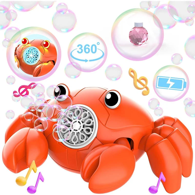 An orange crab bubble blower toy featuring lights and music notes.