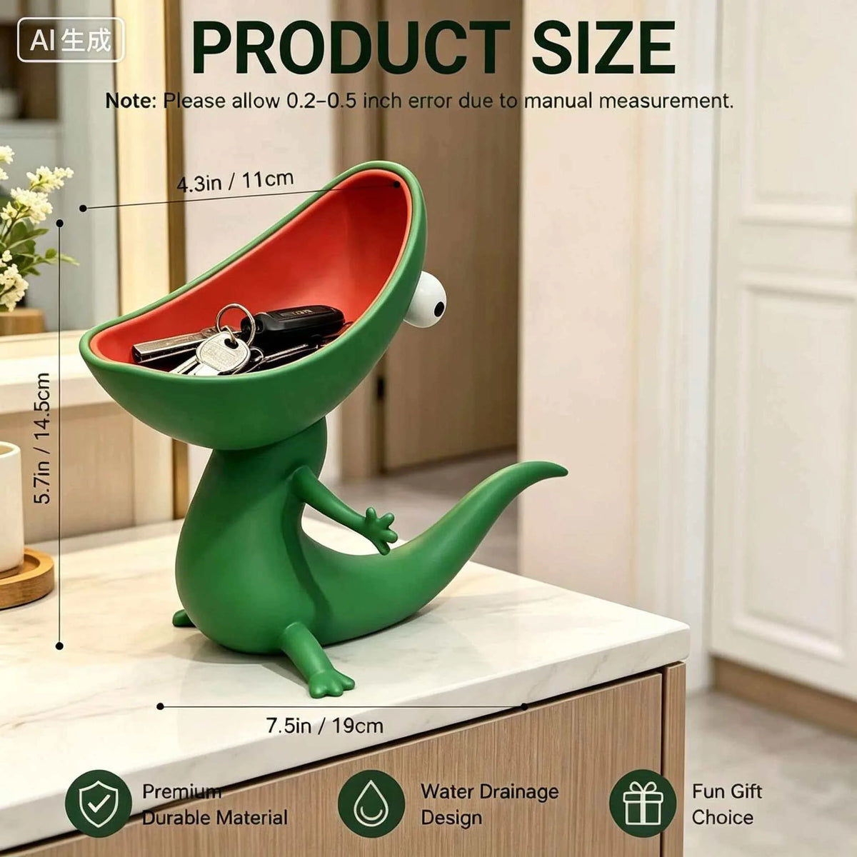 A green lizard-shaped soap holder with an open mouth design is displayed on a white countertop.