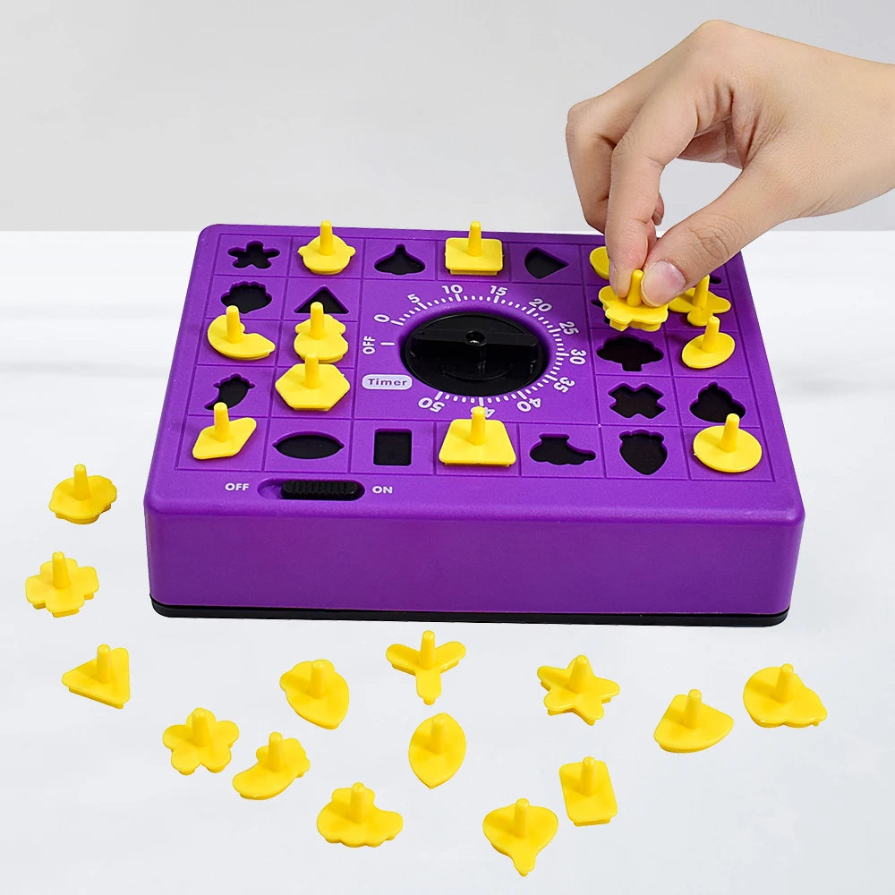 A hand is placing a yellow puzzle piece onto a purple timer-style shape matching game board.