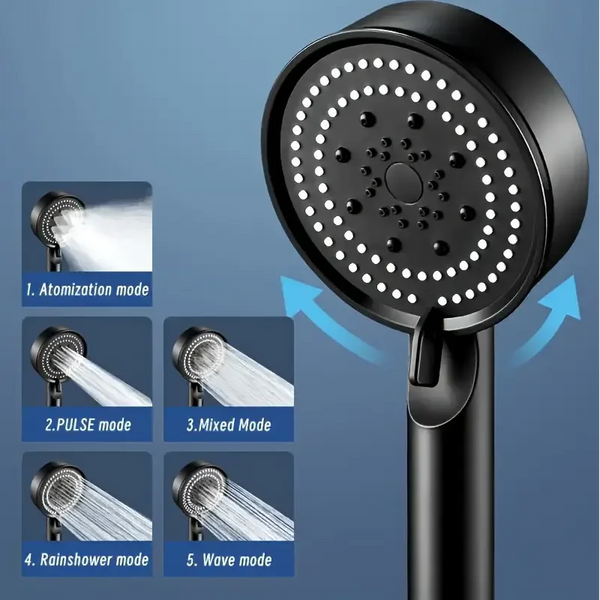 Black high-pressure shower head with five different spray modes shown on a vertical display.