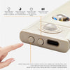 A hand presses a button on a white LED cabinet light device, illustrating the sequence for entering and closing modes.