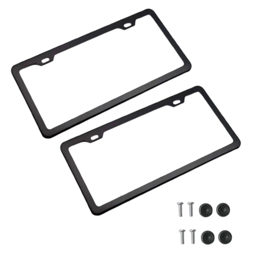 A set of two black rustproof stainless steel license plate frames.
