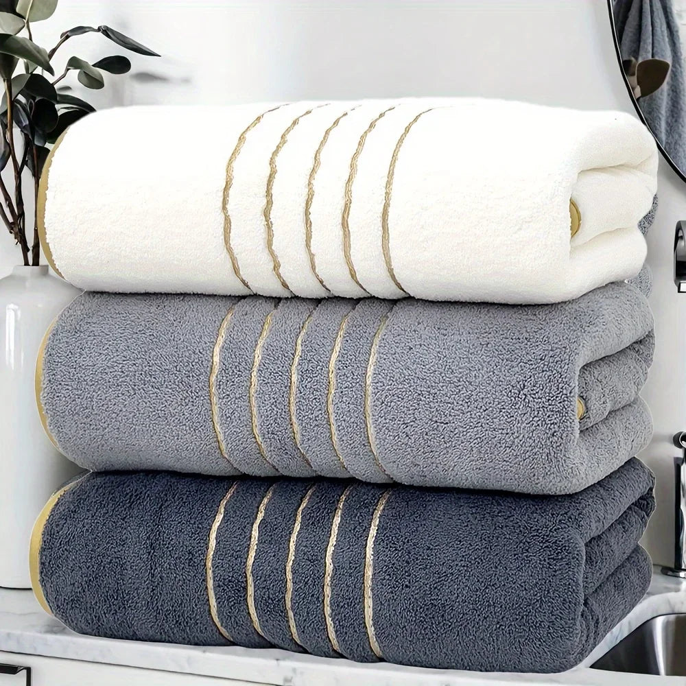 Gold-Stripe Bath Towel Set (3-Pack) – Ultra-Soft & Highly Absorbent