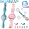 A pink and blue magic smoke bubble machine with a silicone wand and various accessories for creating colorful elastic bubble 