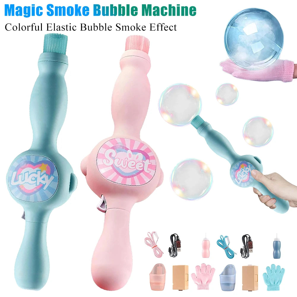 A pink and blue magic smoke bubble machine with a silicone wand and various accessories for creating colorful elastic bubble 