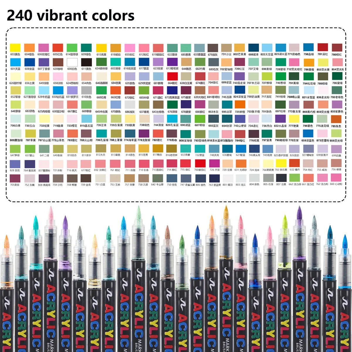 A collection of professional acrylic markers displaying 240 vibrant colors arranged in rows.