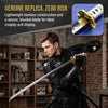 A male model wearing black tactical gear holds a lightweight bamboo replica katana sword in a display setting.