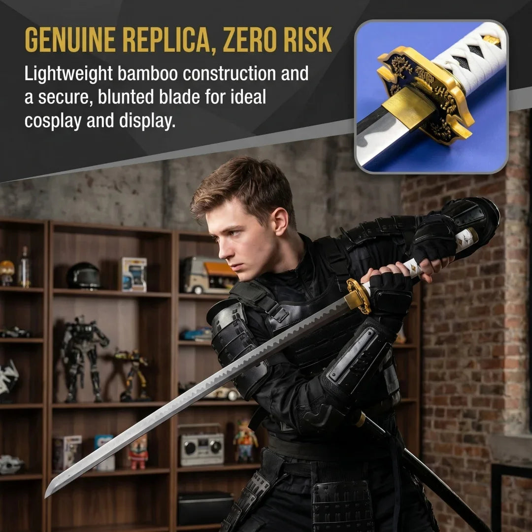 A male model wearing black tactical gear holds a lightweight bamboo replica katana sword in a display setting.
