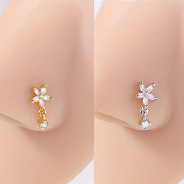 L-Shaped Nose Stud with Five-Petal Flower Pendant