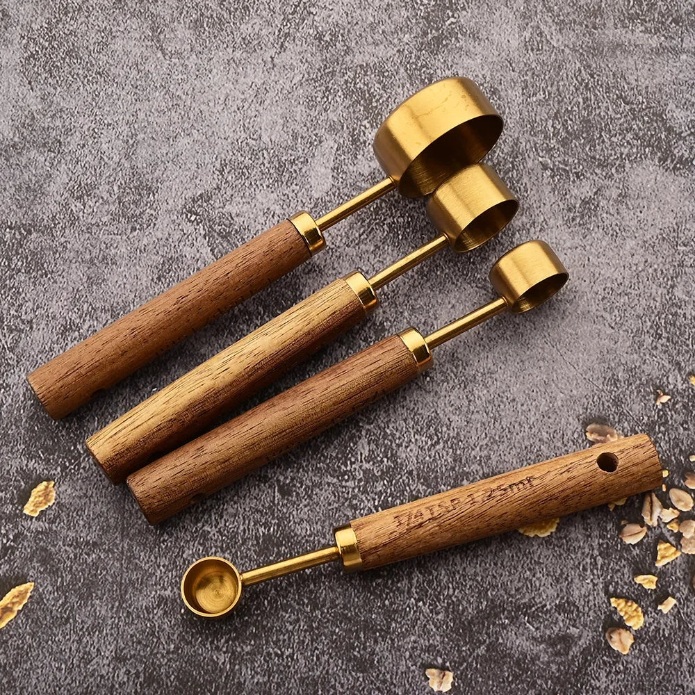 Stainless Steel Measuring Cup and Spoon Set with Wooden Handles