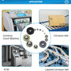 Diagram showing various applications of PU coated fingerboard wheels with precision bearings including currency counting, ATM