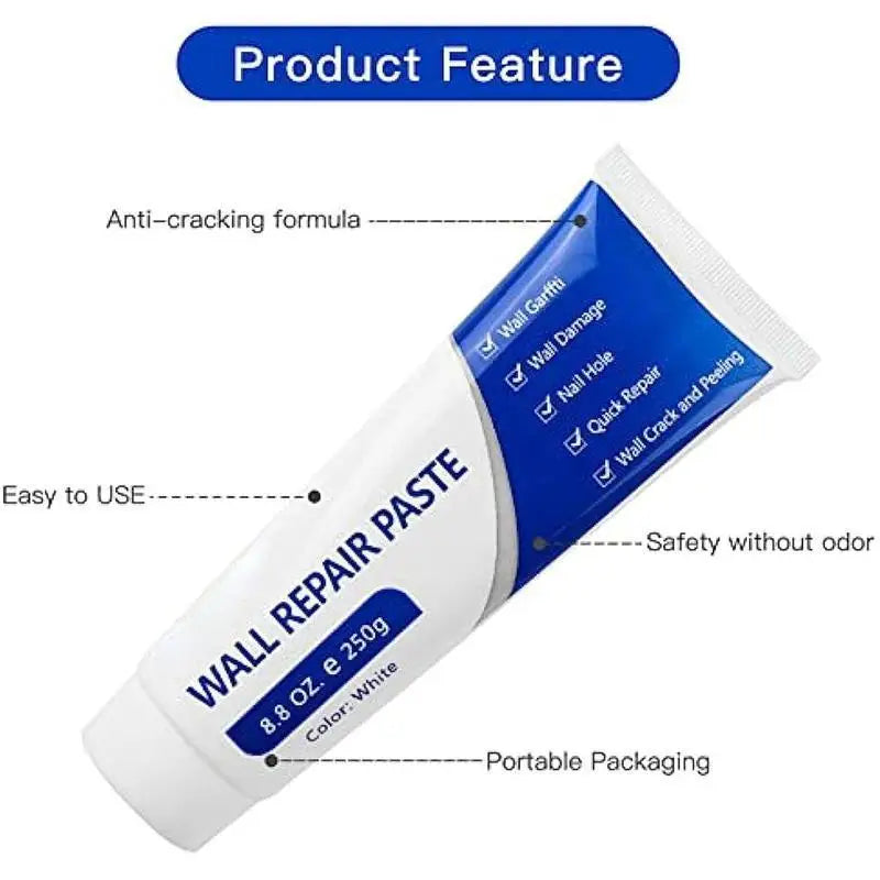 White wall repair paste product featuring anti-cracking formula and portable packaging.