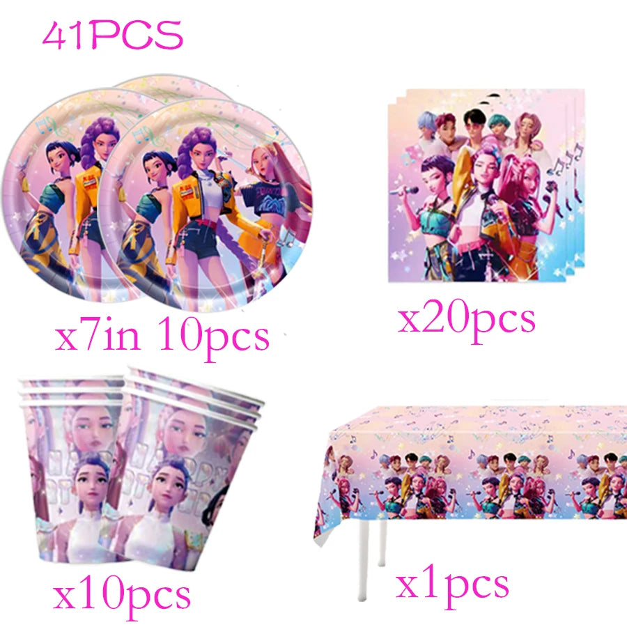 A set of 41 pieces of K-Pop themed birthday party decorations including banners and tableware.