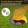 Yellow cordless grass trimmer and edger with three interchangeable blades operating on green grass.