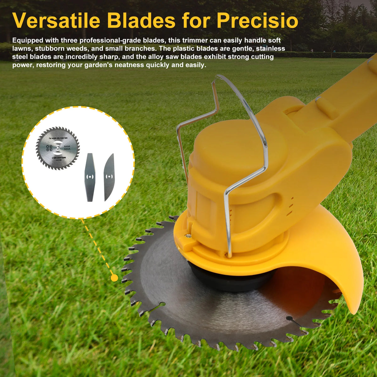 Yellow cordless grass trimmer and edger with three interchangeable blades operating on green grass.