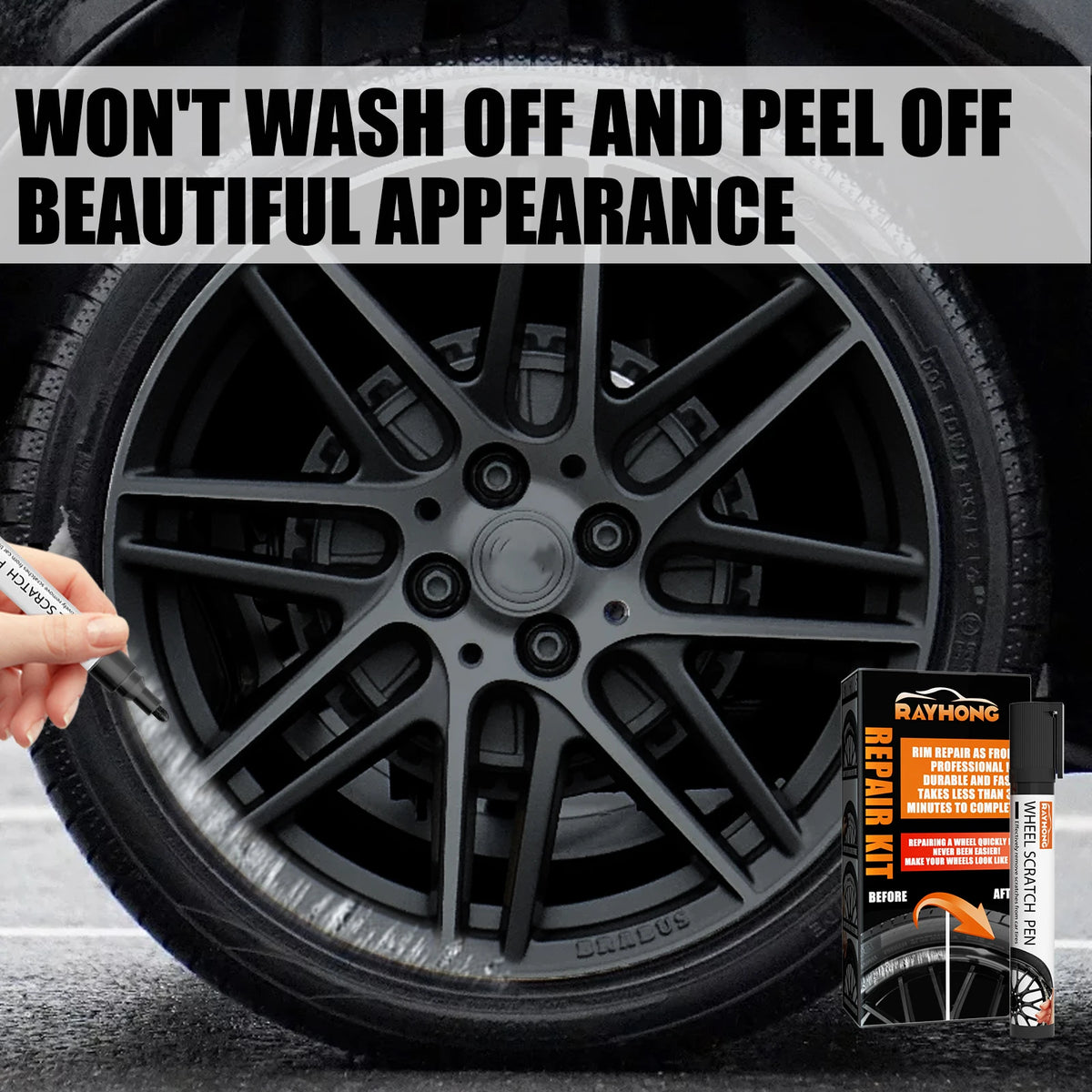 A black alloy wheel with scratches, next to a Rayhong repair kit for scratch repair.