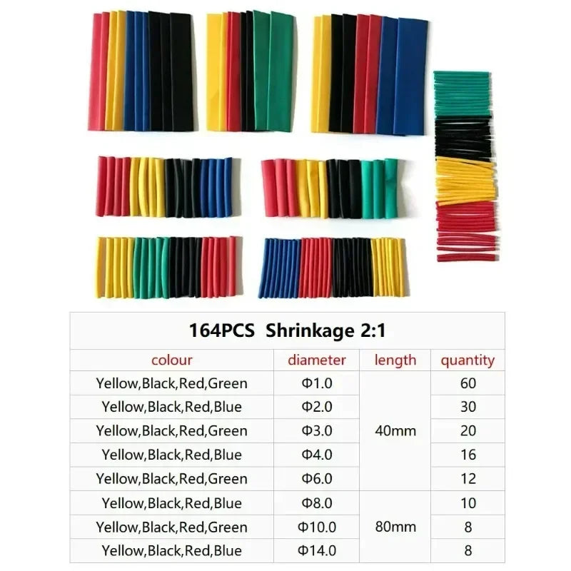 A collection of heat shrink tubing in various colors and diameters, including yellow, black, red, and green.
