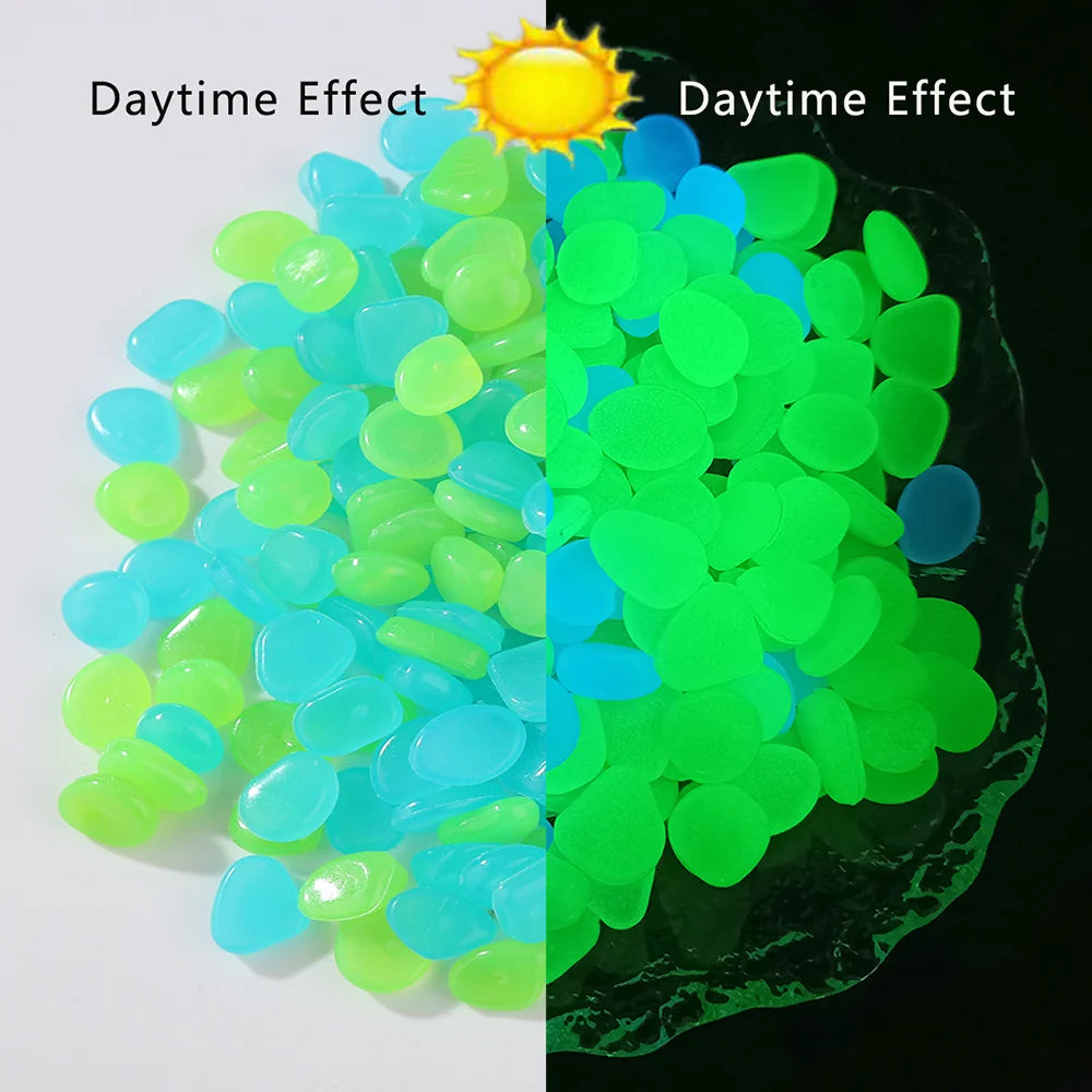 A pile of glow-in-the-dark resin pebbles split into bright yellow and green colors under sunlight.