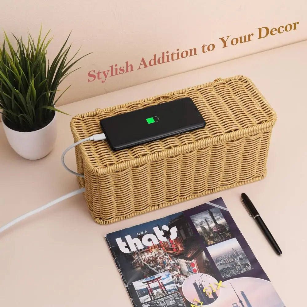 Handwoven Rattan Cable Management Box with Lid