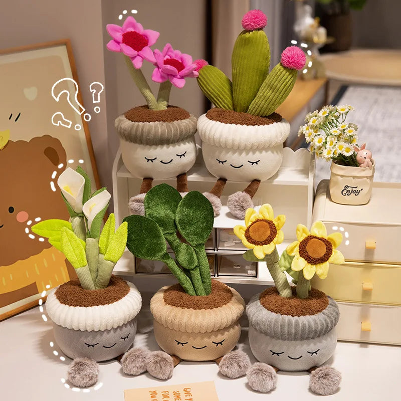 A collection of cute artificial flower plush dolls in various shades of green and pink, displayed on a white surface.