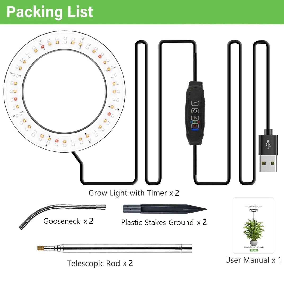 Packing list for a full spectrum LED grow light with timer and adjustable stand, including various components.