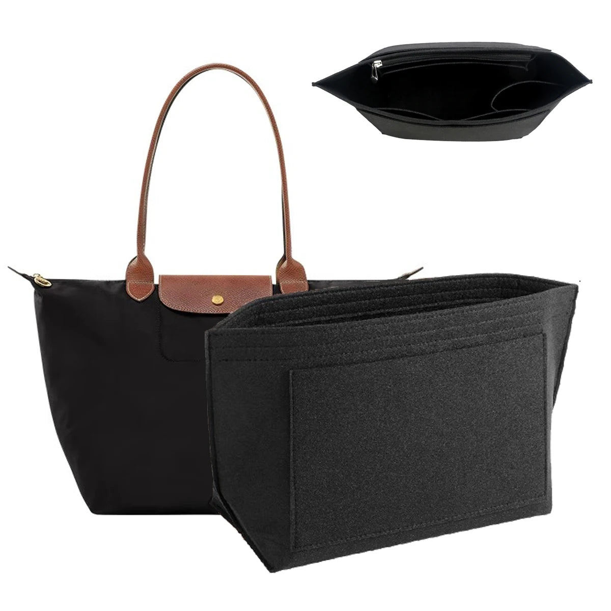 Schwarze Filz-Organizer-Einlage für Longchamp-Handtaschen mit separatem Einfügeteil.
