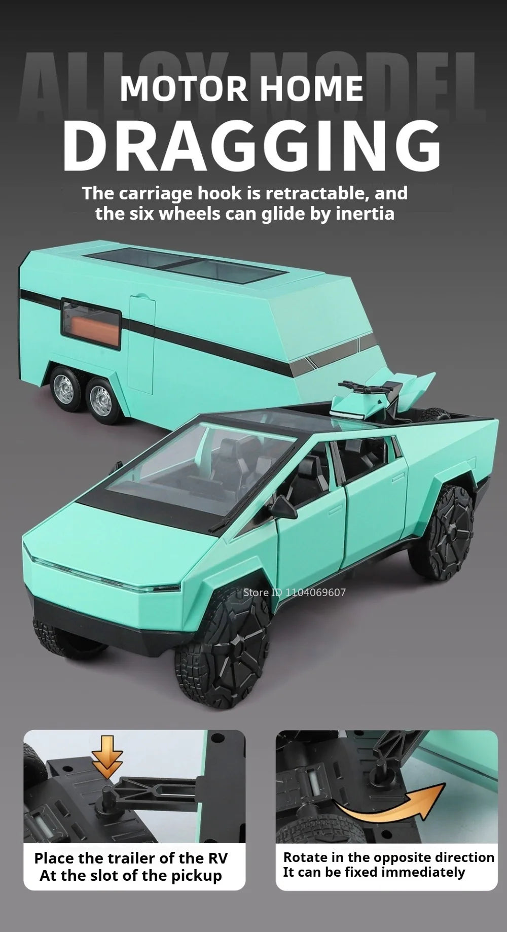 1:24 Diecast Pickup Truck and RV Camper Set with Lights and Sounds