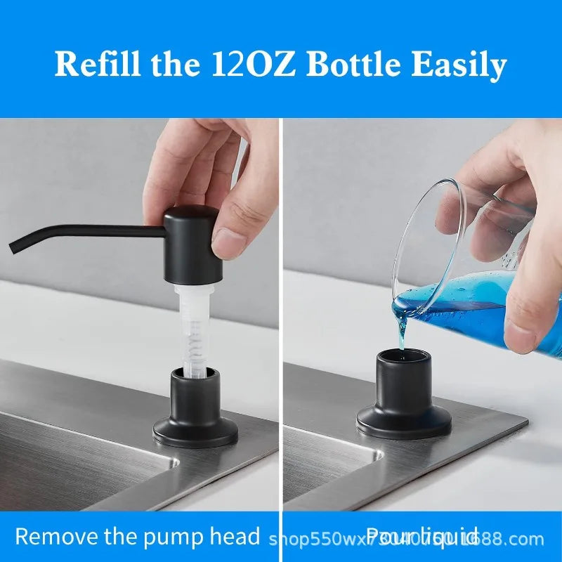 Hand refilling a 12oz bottle using a stainless steel pump liquid soap dispenser.