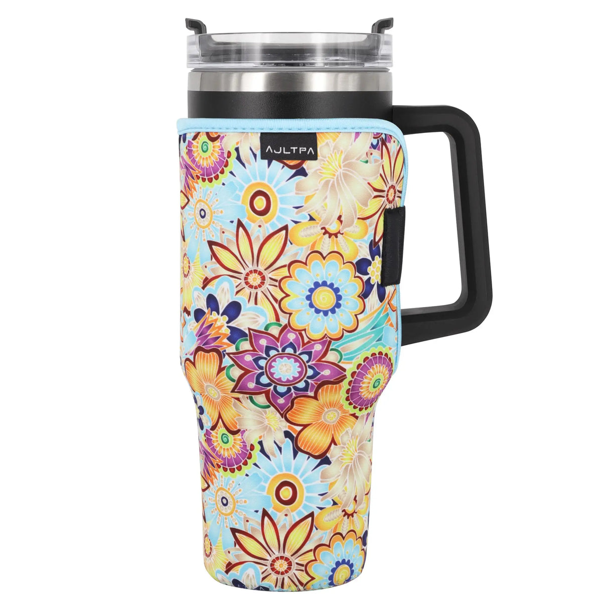 A colorful, floral patterned neoprene tumbler sleeve for an insulated cup.