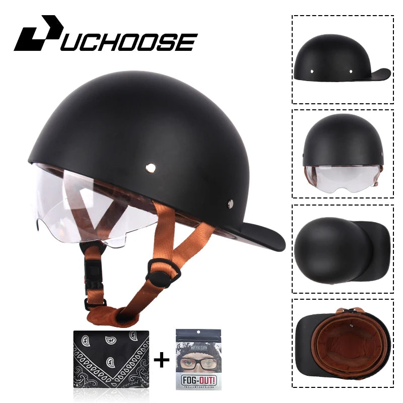 Black retro open face motorcycle helmet with brown strap and clear visor shown with accessories