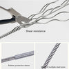 Close-up view of a steel wire being gripped by pliers, showing shear resistance and rubber protective sleeve.