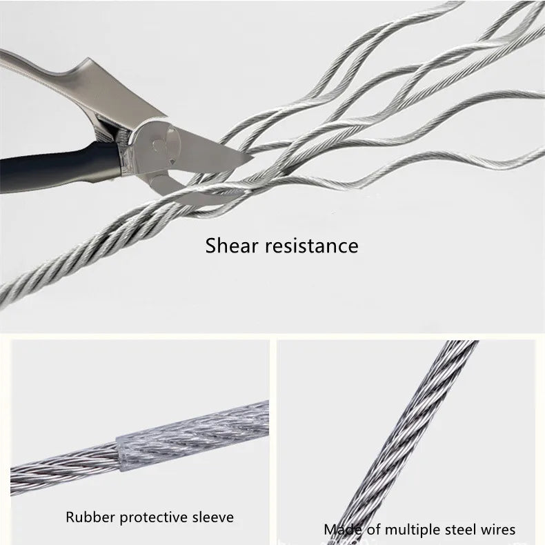 Close-up view of a steel wire being gripped by pliers, showing shear resistance and rubber protective sleeve.