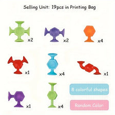 A collection of colorful silicone suction bath toys including various shapes and colors packaged in a printing bag.