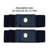 A pair of dark blue adjustable elastic belts shown flat, with size options ranging from 24-35cm.