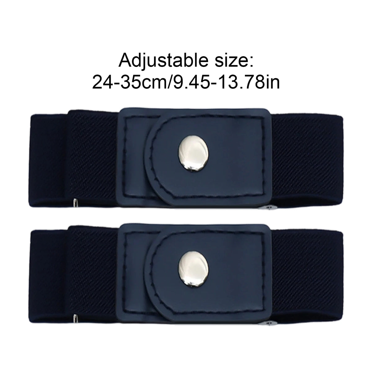 A pair of dark blue adjustable elastic belts shown flat, with size options ranging from 24-35cm.