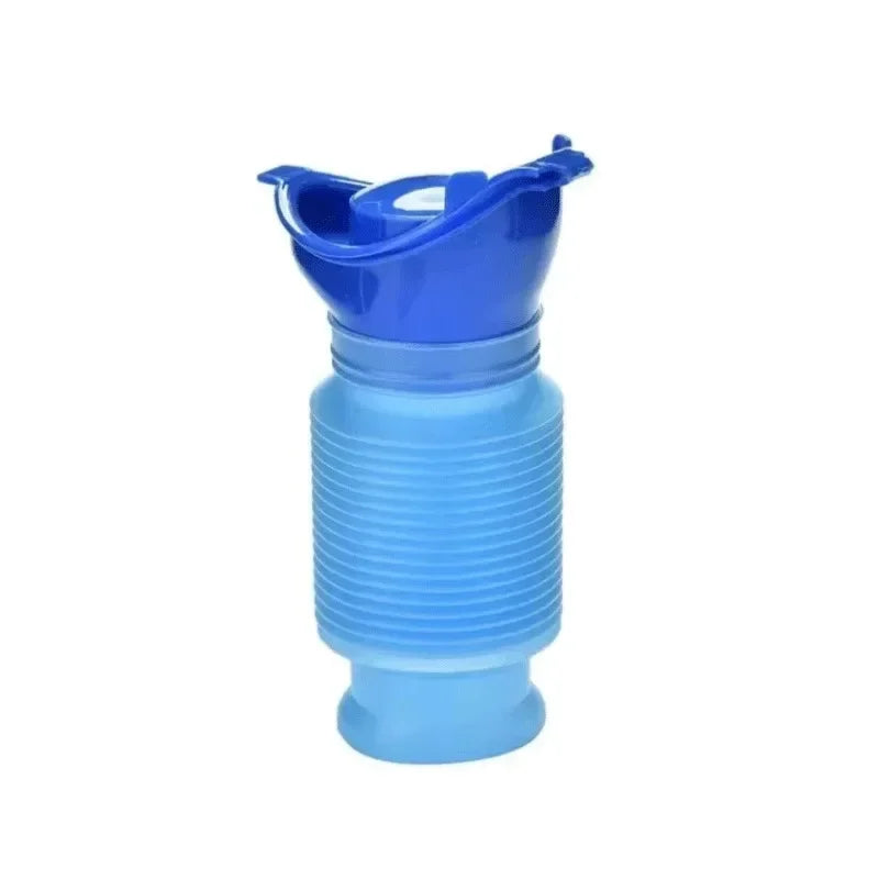 A blue portable urinal designed for travel and outdoor use.