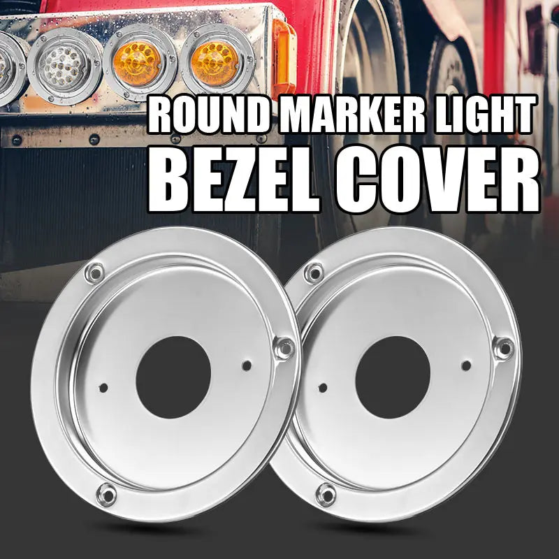 Two round marker light bezel covers made of stainless steel for vehicle lighting.