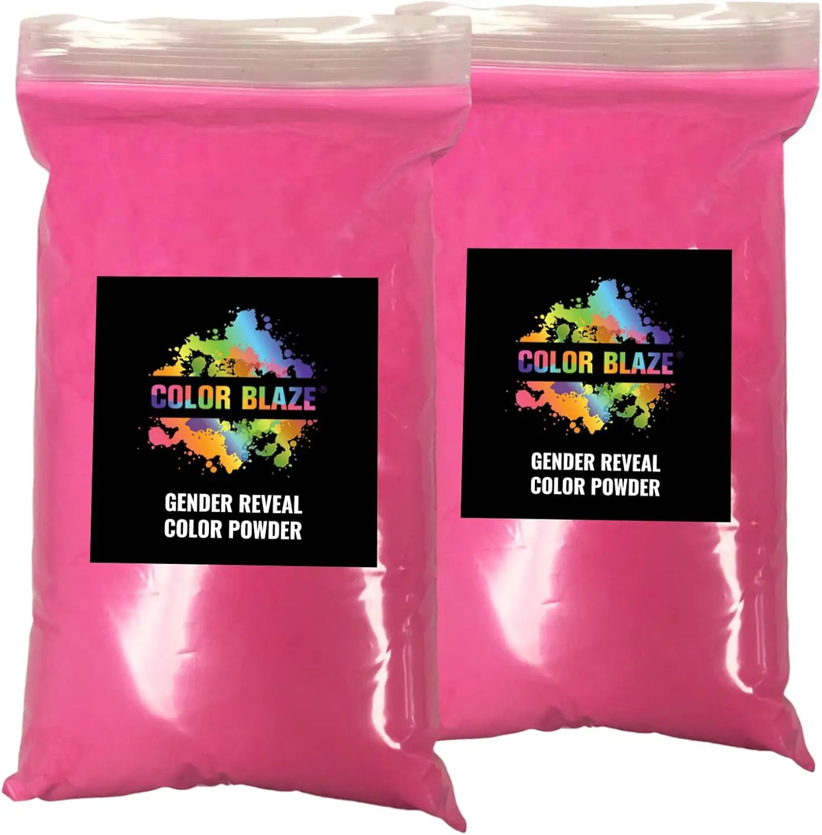A bag of pink color blaze gender reveal powder with a label showing colorful powder specks.
