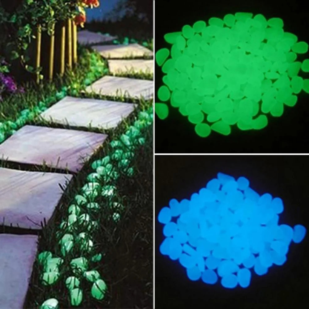 Glow-in-the-dark resin pebbles shown in various shades of green and blue used for garden or aquarium decor.