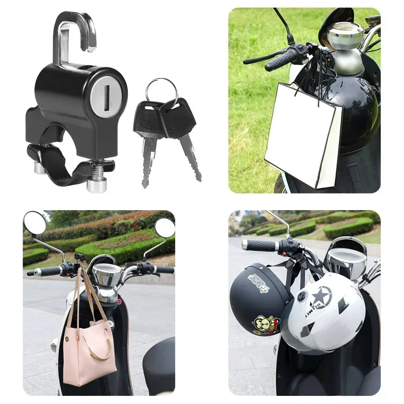 A black electric anti-theft helmet lock is shown mounted on a bicycle handlebar, with a pink bag nearby.
