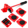 Red heavy-duty furniture moving kit with a lifting bar and roller wheels
