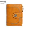 A brown leather wallet with multiple card slots and RFID protection features.
