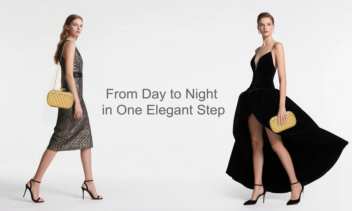 A model wearing a black dress and gold clutch bag, demonstrating an elegant outfit from day to night.