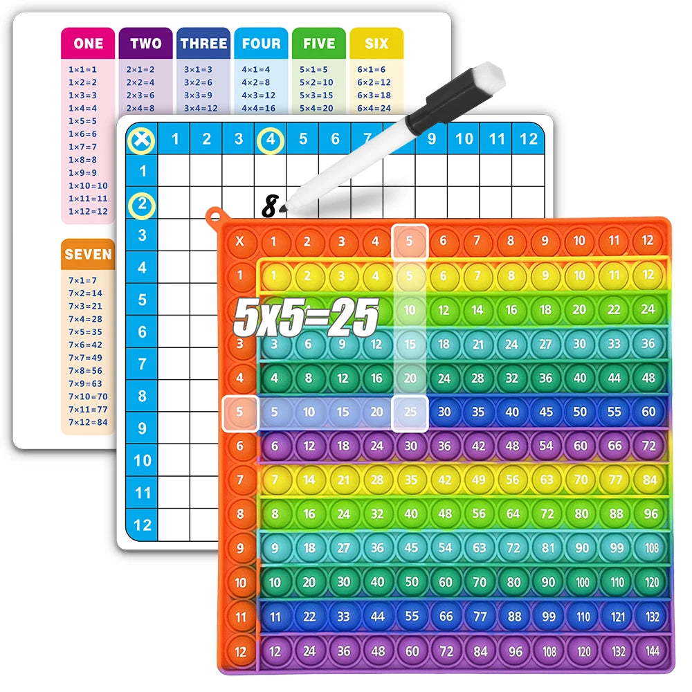 A set of multiplication practice flashcards featuring a grid and an erasable pen, with a large card showing 5x5 equals 25.