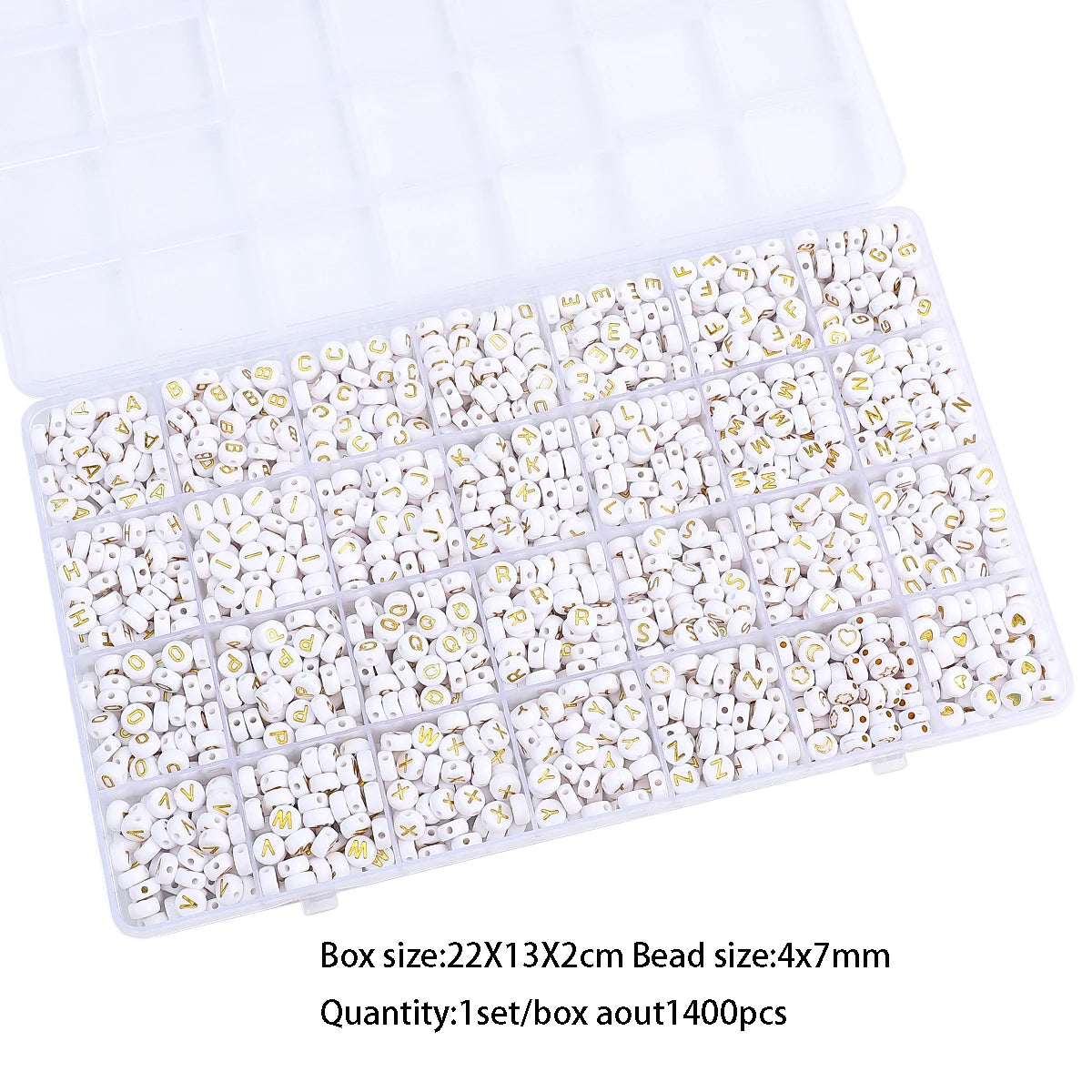 A box containing 1400 acrylic letter beads in a grid storage tray for jewelry making