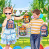 A young girl and boy are holding cute cartoon backpack goodie bags for kids party favors outdoors.