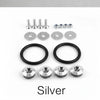 A collection of silver and black quick release bumper fasteners, including various bolts, washers, and rings.