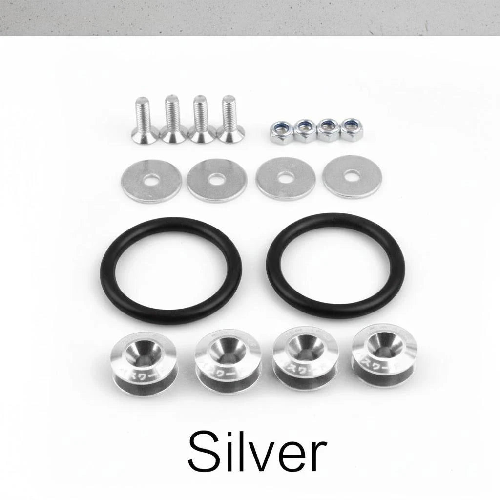 A collection of silver and black quick release bumper fasteners, including various bolts, washers, and rings.