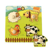 A wooden peg puzzle set featuring farm animals like a sheep, dog, chicken, and cow for toddlers.